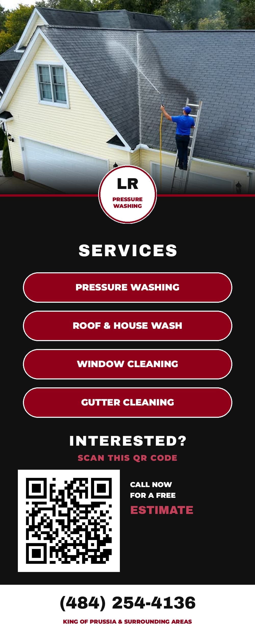 LR Pressure Washing door hanger — scan the QR code or call for a free estimate